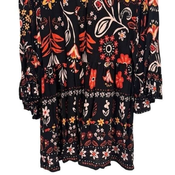 Easel Black and Floral V-Neck Babydoll Ruffle Blouse Boho Peasant Fall Holiday L - Picture 7 of 11